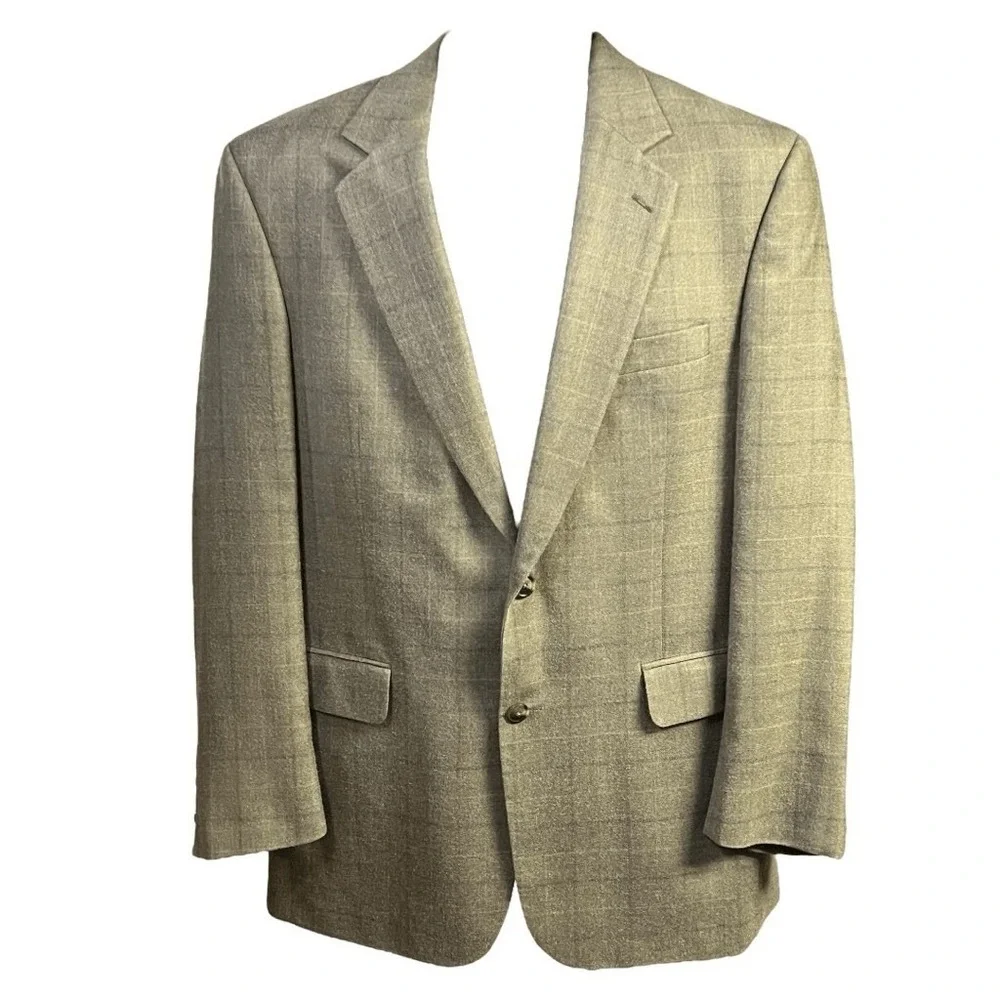 Jos A Bank Jacket Size 41R Tan 2 Button Blazer Plaid Silk Wool‎ Classic Dapper
